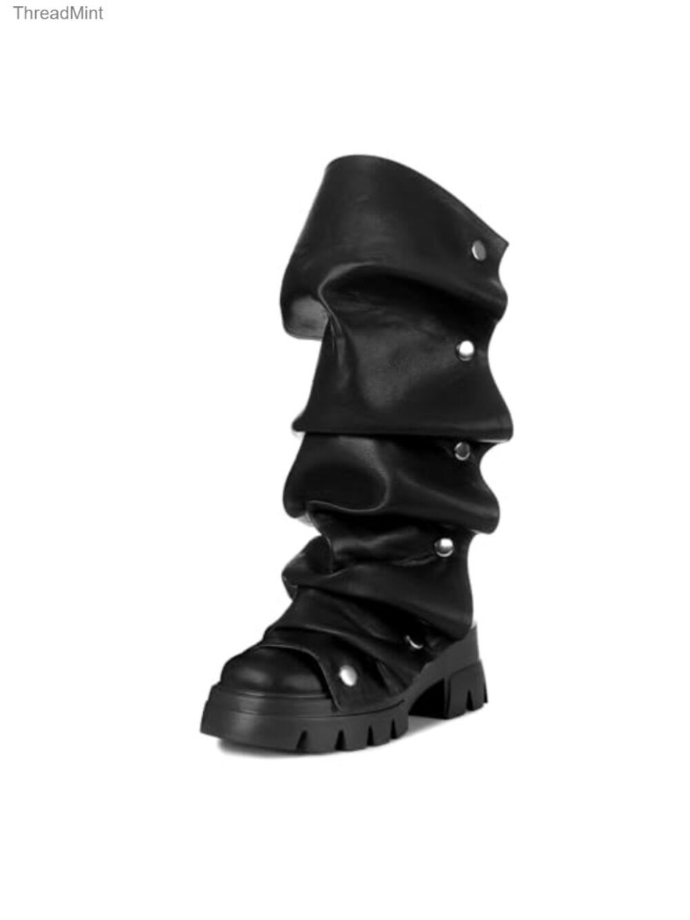 Fold Over Slouchy Platform Chunky Stacked Round Toe Faux Leather Mid Calf Boots